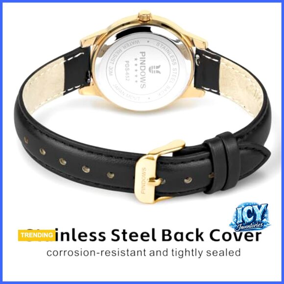 Gold-Tone Case with Black Leather Strap Quartz Analog Dress Watch